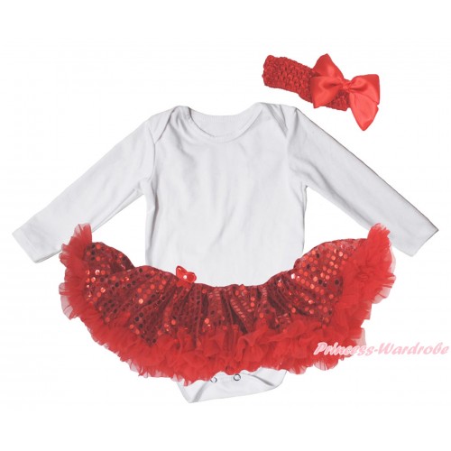 White Long Sleeve Baby Bodysuit Bling Red Sequins Pettiskirt JS4810