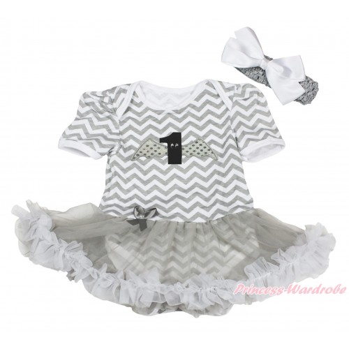Grey White Chevron Baby Bodysuit Grey White Pettiskirt & 1st Angel Birthday Number Print JS4813