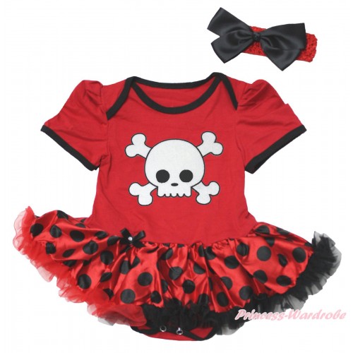Halloween Red Baby Bodysuit Red Black Dots Pettiskirt & White Skeleton Print JS4768