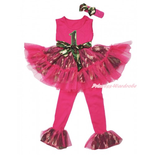 Hot Pink Camouflage Tutu Ruffles Tank Top & 1st Camouflage Birthday Number Print & Pant Set & Hot Pink Headband Camouflage Satin Bow P058