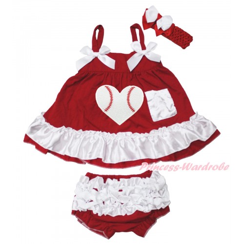 Hot Red White Swing Top White Bow & Baseball Heart matching Panties Bloomers SP35