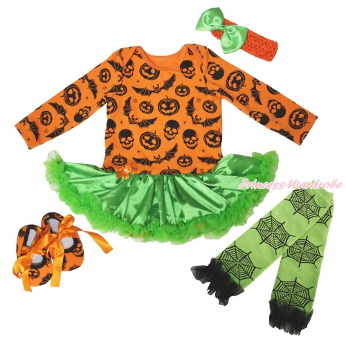 Halloween Pumpkin Bat Skeleton Long Sleeve Baby Bodysuit Green Satin Pettiskirt & Headband & Shoes & Warmer JS4794