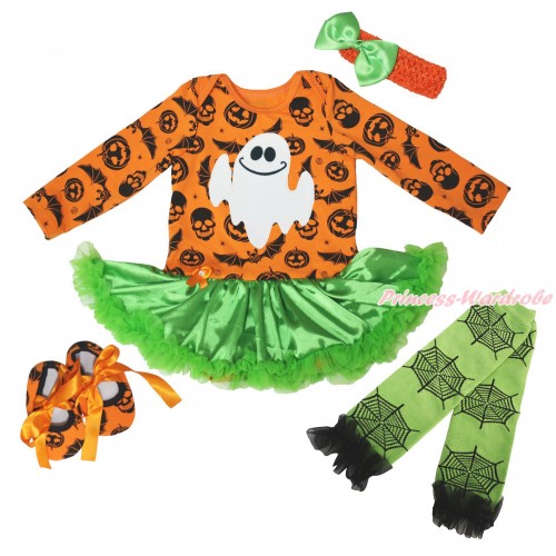 Halloween Pumpkin Bat Skeleton Long Sleeve Baby Bodysuit Green Satin Pettiskirt & White Ghost Print & Headband & Shoes & Warmer JS4795