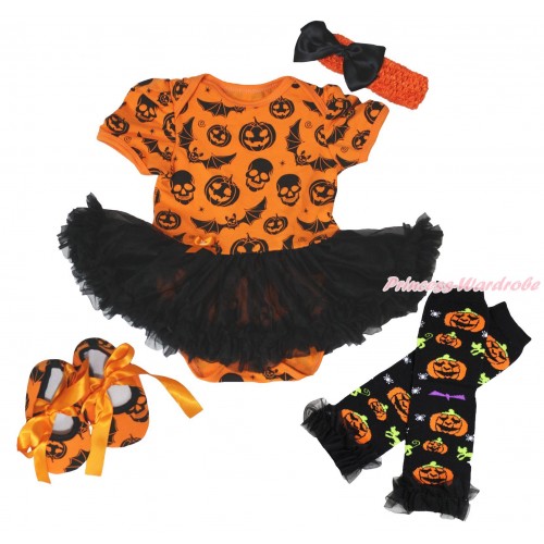 Halloween Pumpkin Bat Skeleton Baby Bodysuit Black Pettiskirt & Headband & Warmer & Shoes JS4803