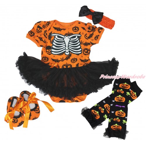 Halloween Pumpkin Bat Skeleton Bodysuit Black Pettiskirt & Skeleton Rib & Headband & Warmers & Shoes JS4804