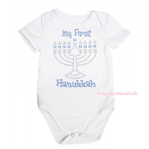 White Baby Jumpsuit & Sparkle Rhinestone My First Hanukkah Print TH633