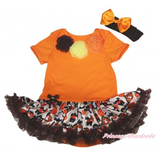 Thanksgiving Orange Baby Bodysuit Turkey Pumpkin Pettiskirt & Brown Yellow Orange Rosettes JS4899