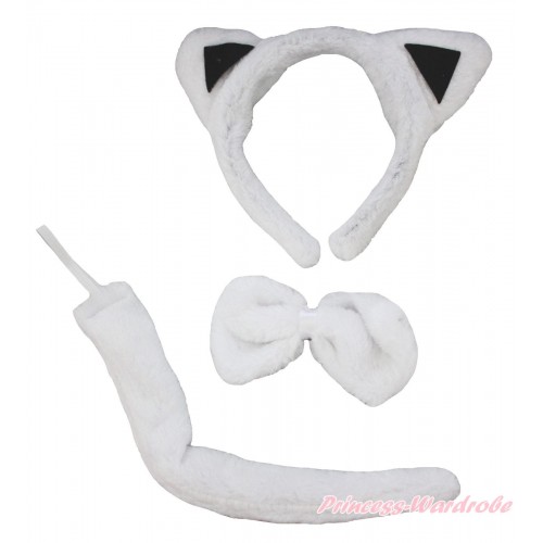 White Cat 3 Piece Set in Ear Headband, Tie, Tail PC025 