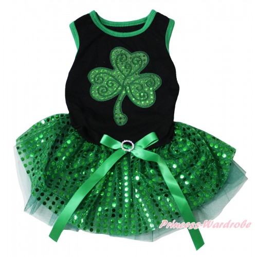 St Patrick's Day Black Sleeveless Kelly Green Bling Sequins Gauze Skirt & Sparkle Kelly Green Clover Print & Rhinestone Bow Pet Dress DC305