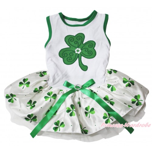 St Patrick's Day White Sleeveless Clover Gauze Skirt & Clover Print & Kelly Green Rhinestone Bow Pet Dress DC307