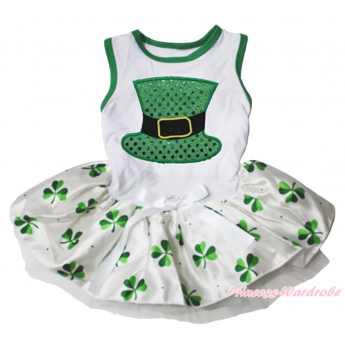 St Patrick's Day White Sleeveless Clover Gauze Skirt & Sparkle Kelly Green Hat Print & White Rhinestone Bow Pet Dress DC311