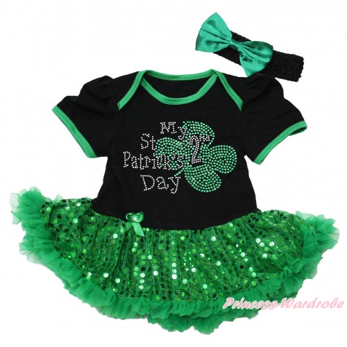 St Patrick's Day Black Baby Bodysuit Bling Kelly Green Sequins Pettiskirt & Sparkle Rhinestone My 2nd St Patrick's Day Print JS5316