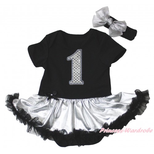 Black Baby Bodysuit Silver Black Pettiskirt & 1st Sparkle White Birthday Number Print JS5330