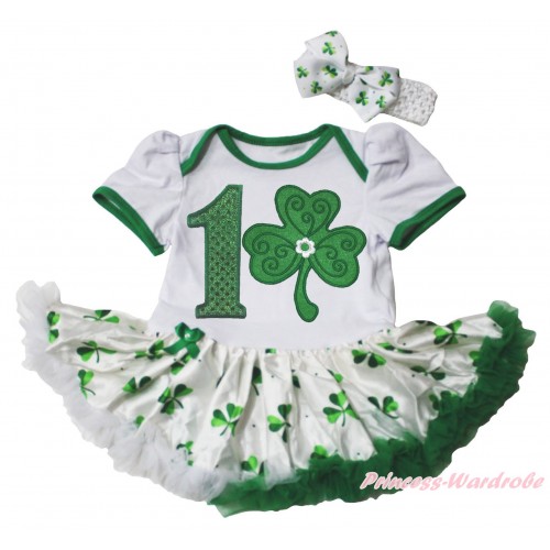 St Patrick's Day White Baby Bodysuit White Kelly Green Clover Pettiskirt & 1st Sparkle Kelly Green Birthday Number Clover Print JS5336