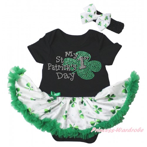 St Patrick's Day Black Baby Bodysuit White Kelly Green Clover Pettiskirt & Sparkle Rhinestone My 1st St Patrick's Day Print JS5340
