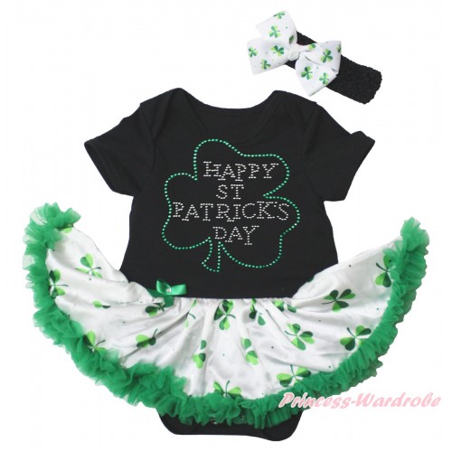 St Patrick's Day Black Baby Bodysuit White Kelly Green Clover Pettiskirt & Sparkle Rhinestone Clover Print JS5343