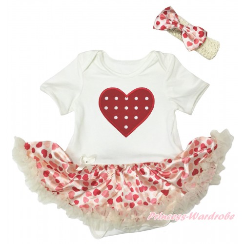 Valentine's Day Cream White Baby Bodysuit Hot Light Red Heart Pettiskirt & Red White Polka Dots Heart Print JS5357