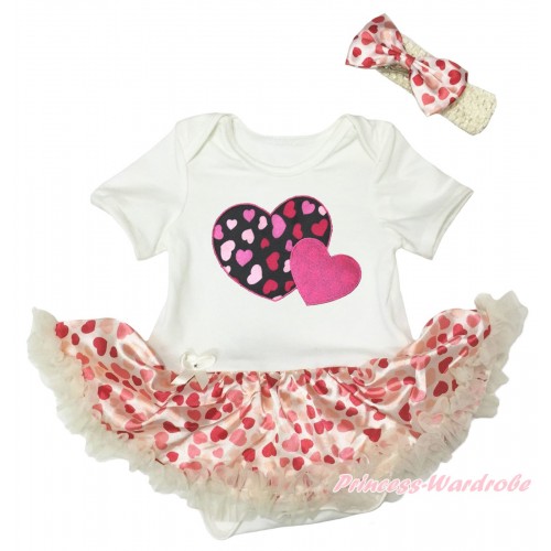 Valentine's Day Cream White Baby Bodysuit Hot Light Red Heart Pettiskirt & Hot Pink Sweet Twin Heart Print JS5358