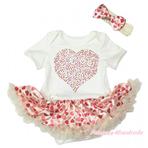 Valentine's Day Cream White Baby Bodysuit Hot Light Red Heart Pettiskirt & Sparkle Crystal Bling Rhinestone Rainbow Heart Print JS5360