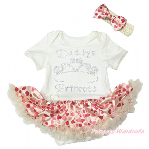Valentine's Day Cream White Baby Bodysuit Hot Light Red Heart Pettiskirt & Sparkle Rhinestone Daddy's Princess Print JS5361