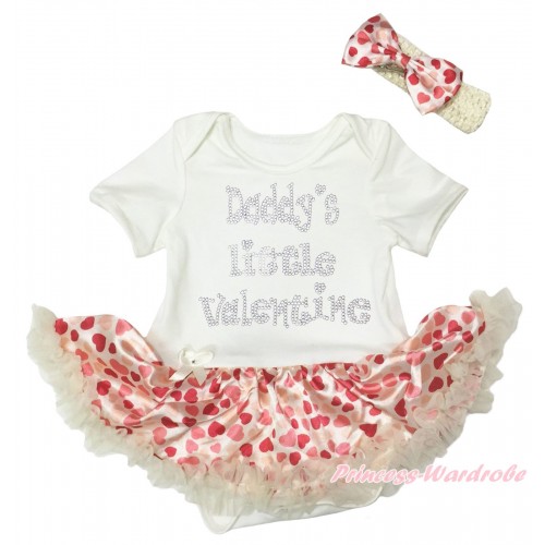 Valentine's Day Cream White Baby Bodysuit Hot Light Red Heart Pettiskirt & Sparkle Rhinestone Daddy's Little Valentine Print JS5362