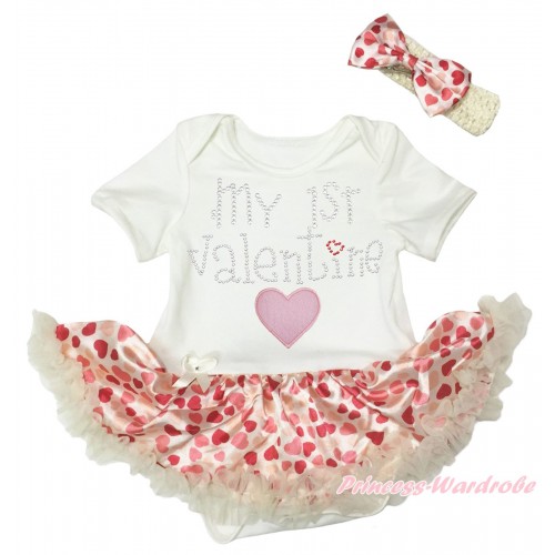 Valentine's Day Cream White Baby Bodysuit Hot Light Red Heart Pettiskirt & Sparkle Rhinestone My 1st Valentine Red Heart Print JS5364