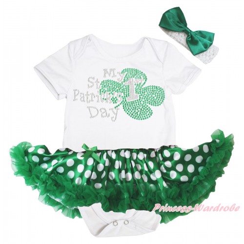 St Patrick's Day White Baby Bodysuit Green White Dots Pettiskirt & Sparkle Rhinestone My 1st St Patrick's Day Print JS5368