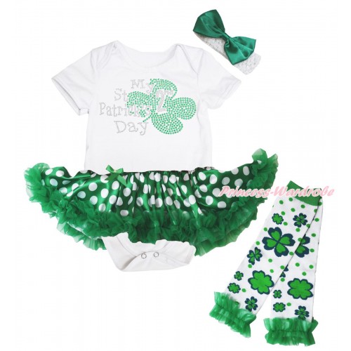 St Patrick's Day White Baby Bodysuit Green White Dots Pettiskirt & Sparkle Rhinestone My 2nd St Patrick's Day Print & Warmers Leggings JS5371