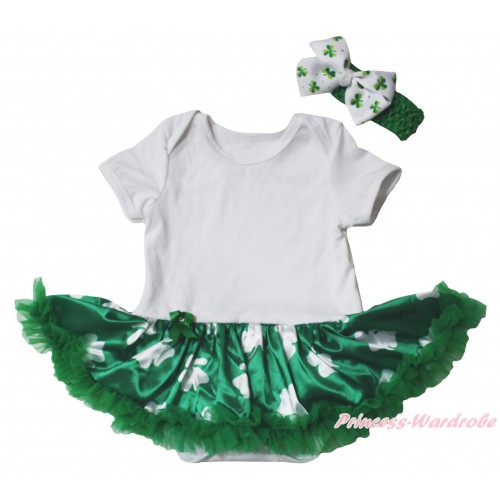 St Patrick's Day White Baby Bodysuit Kelly Green Clover Pettiskirt JS5372