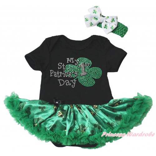 St Patrick's Day Black Baby Bodysuit Kelly Green Clover Pettiskirt & Sparkle Rhinestone My 1st St Patrick's Day Print JS5379
