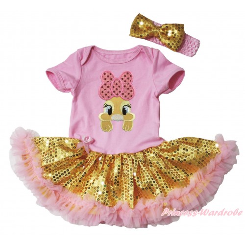 Easter Light Pink Baby Bodysuit Bling Gold Sequins Light Pink Pettiskirt & Pink Bow Bunny Rabbit Print & Light Pink Headband Bling Gold Sequins Bow JS5391