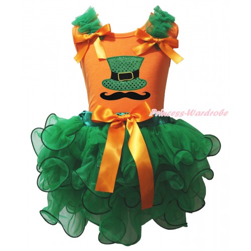 St Patrick's Day Orange Pettitop Kelly Green Ruffles Orange Bow & Sparkle Kelly Green Hat Print & Kelly Green Petal Pettiskirt MG2224