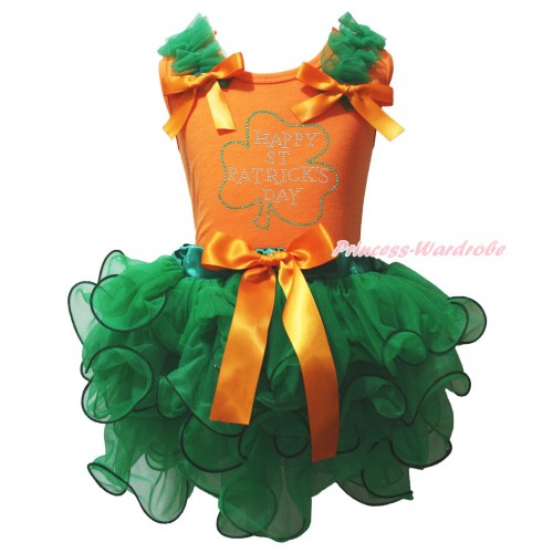 St Patrick's Day Orange Pettitop Kelly Green Ruffles Orange Bow & Sparkle Crystal Bling Rhinestone Clover Print & Kelly Green Petal Pettiskirt MG2225