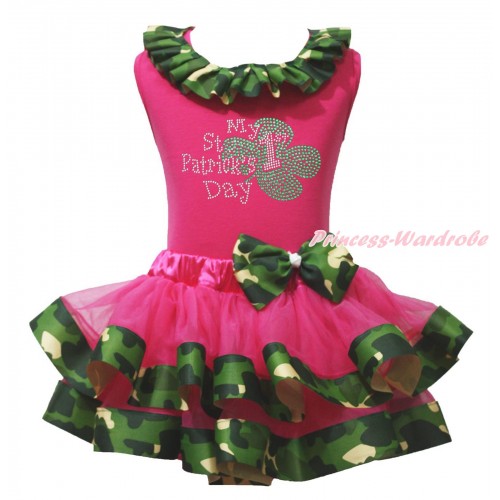 St Patrick's Day Hot Pink Baby Tank Top Camouflage Lacing & Sparkle Rhinestone My 1st St Patrick's Day Print & Hot Pink Camouflage Trimmed Newborn Pettiskirt NG2095