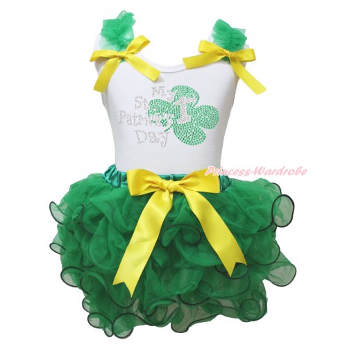 St Patrick's Day White Baby Tank Top Kelly Green Ruffles Yellow Bows & Sparkle Rhinestone My 1st St Patrick's Day Print & Kelly Green Petal Newborn Pettiskirt NG2096