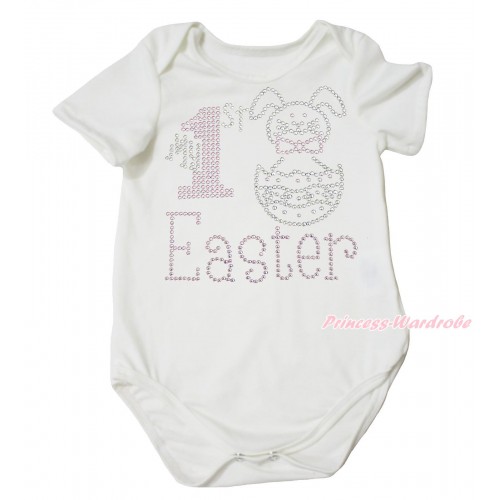 Easter Cream White Baby Jumpsuit & Sparkle Rhinestone My 1st Easter Print TH686