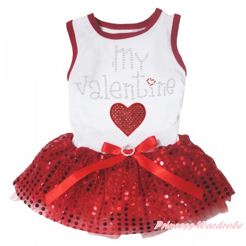 Valentine's Day White Red Piping Sleeveless Red Bling Sequins Gauze Skirt & Sparkle Rhinestone My Valentine Red Heart Print & Red Rhinestone Bow Pet Dress DC316