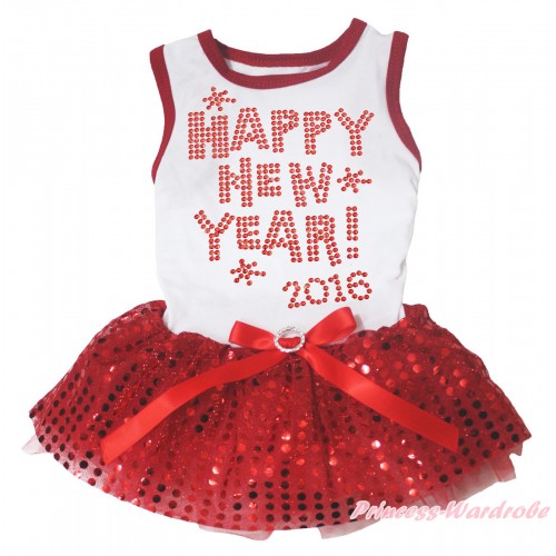 White Red Piping Sleeveless Red Bling Sequins Gauze Skirt & Sparkle Rhinestone Happy New Year 2016 Print & Red Rhinestone Bow Pet Dress DC318