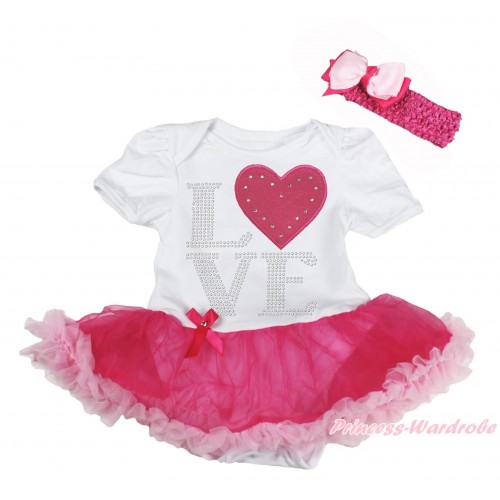 Valentine's Day White Baby Bodysuit Jumpsuit Hot Light Pink Pettiskirt & Sparkle Rhinestone Love Hot Pink Heart Print JS5397