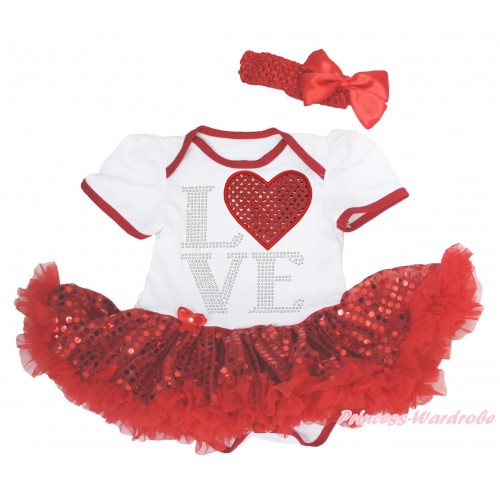 Valentine's Day White Baby Bodysuit Bling Red Sequins Pettiskirt & Sparkle Rhinestone Love Bling Red Sequins Heart Print JS5398