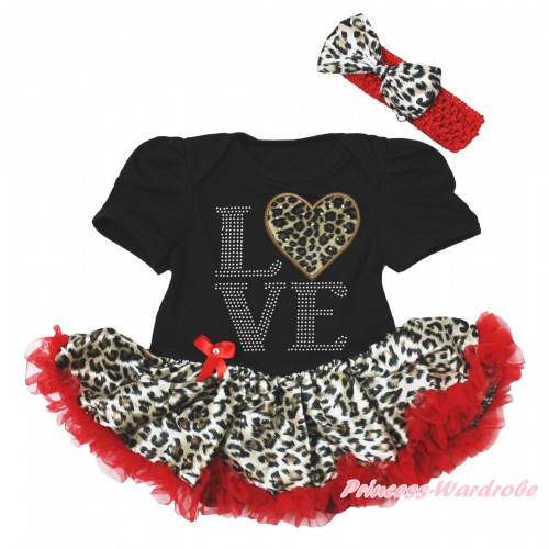 Valentine's Day Black Baby Bodysuit Leopard Red Pettiskirt & Sparkle Rhinestone Love Leopard Heart Print JS5399