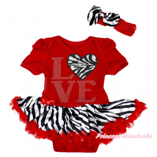 Valentine's Day Red Baby Jumpsuit Red Zebra Pettiskirt & Sparkle Rhinestone Love Zebra Heart Print JS5401