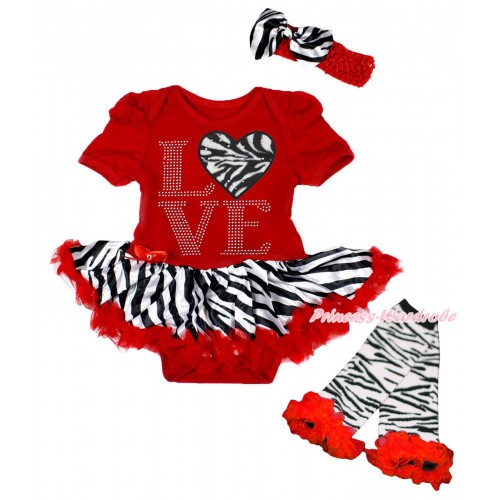 Valentine's Day Red Baby Jumpsuit Red Zebra Pettiskirt & Sparkle Rhinestone Love Zebra Heart Print & Warmers Leggings JS5403