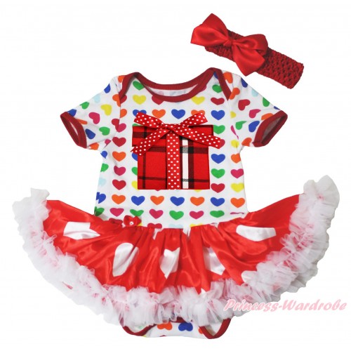 Valentine's Day Rainbow Heart Baby Bodysuit Jumpsuit Red White Heart Pettiskirt & Red Black Checked Birthday Gift Print JS5405