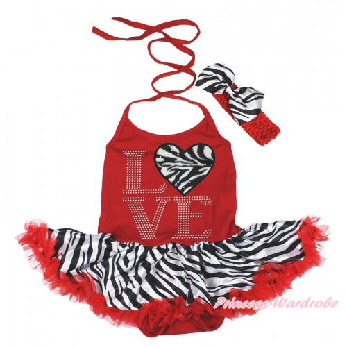 Valentine's Day Red Baby Bodysuit Halter Jumpsuit Red Zebra Pettiskirt & Sparkle Rhinestone Love Zebra Heart Print JS5408