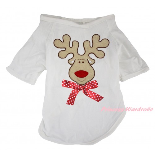 Christmas White Short Sleeve Pet Shirt Top & Christmas Reindeer Print & Minnie Dots Bow DC353