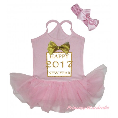 Light Pink Baby Halter Jumpsuit Sparkle Gold bow Happy 2017 New Year Painting & Light Pink Pettiskirt JS5896