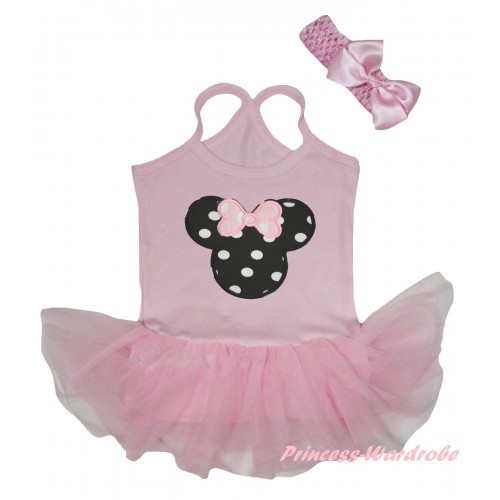 Light Pink Baby Halter Jumpsuit Black White Dots Minnie Print & Light Pink Pettiskirt JS5898