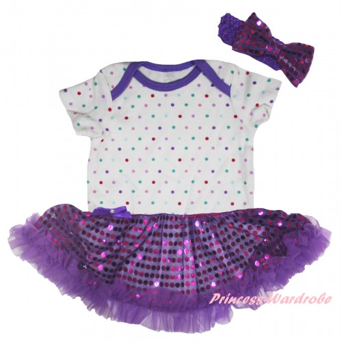 White Rainbow Dots Baby Bodysuit Bling Purple Sequins Pettiskirt JS5908