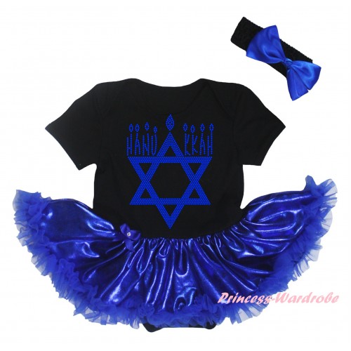 Black Baby Bodysuit Bling Royal Blue Pettiskirt & Sparkle Rhinestone HANUKKAH Print JS5923